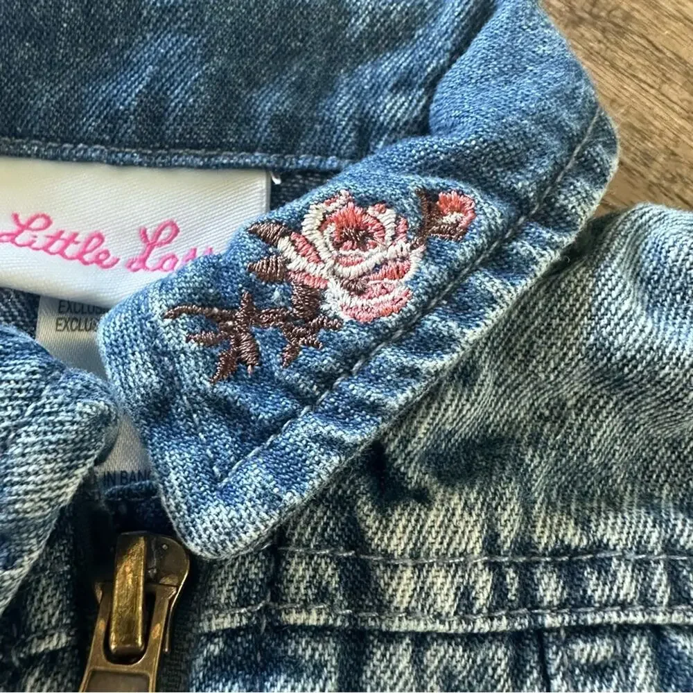 Little Lass Toddler Girl’s Blue Denim Jacket, Floral Embroidery, 100% Cotton,12m